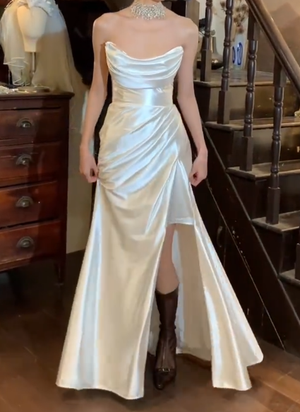 Chic Prom Dress Strapless Pleated Slit Gala Gown Evening Dress   D5309