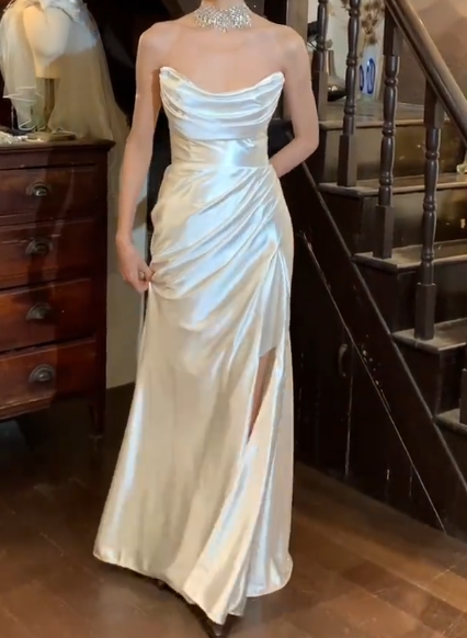 Chic Prom Dress Strapless Pleated Slit Gala Gown Evening Dress   D5309