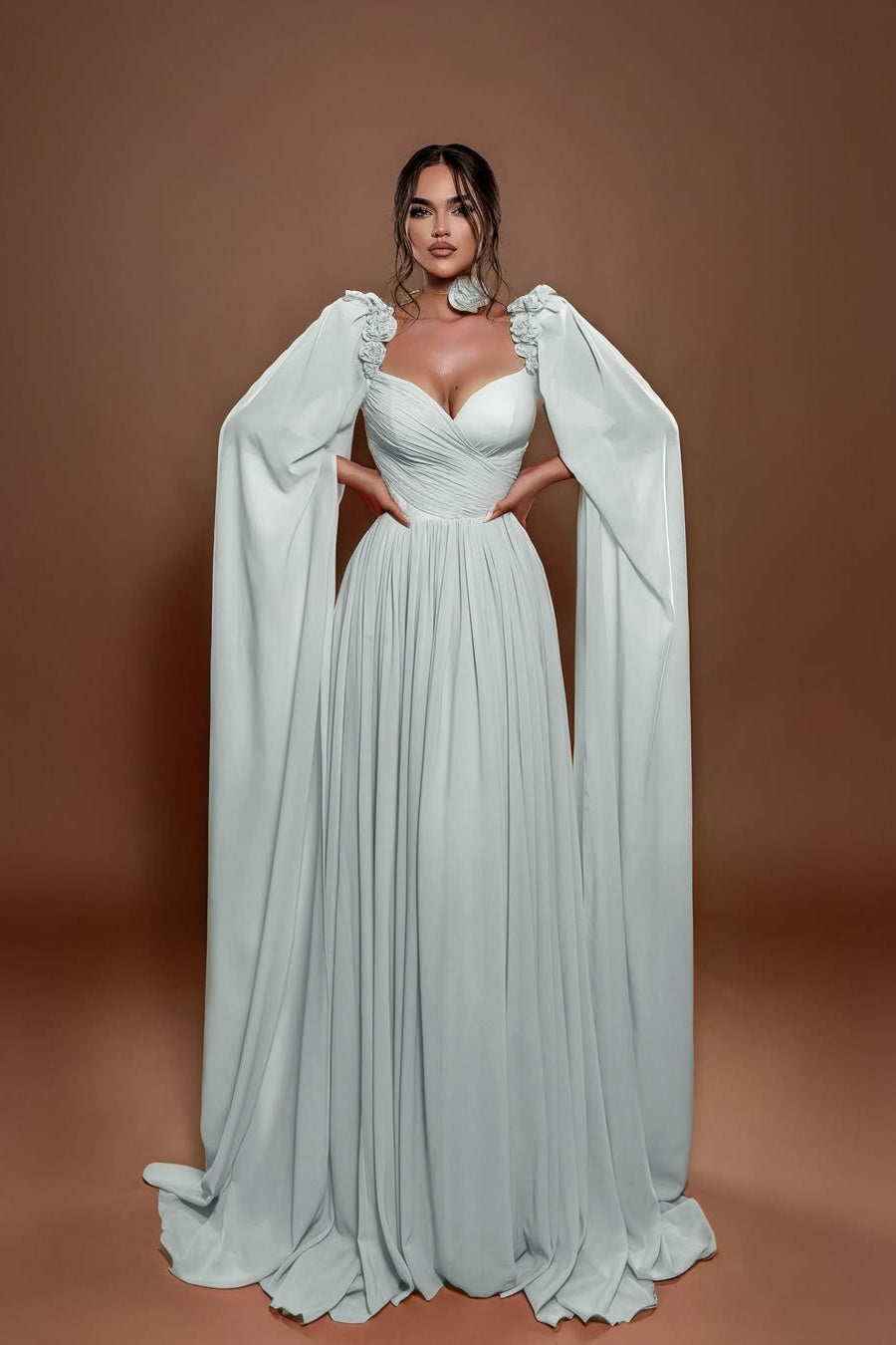 Chic A Line Sleeveless Long Pleated Prom Dress With Shoulder Cape