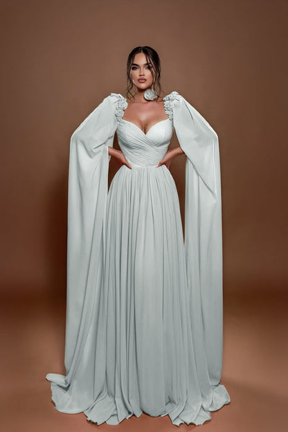 Chic A Line Sleeveless Long Pleated Prom Dress With Shoulder Cape