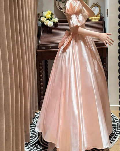 Chic Prom Gown Light Pink V-neck Satin Gala Dress Quinceanera Dress 18th Birthday Gown      D5327