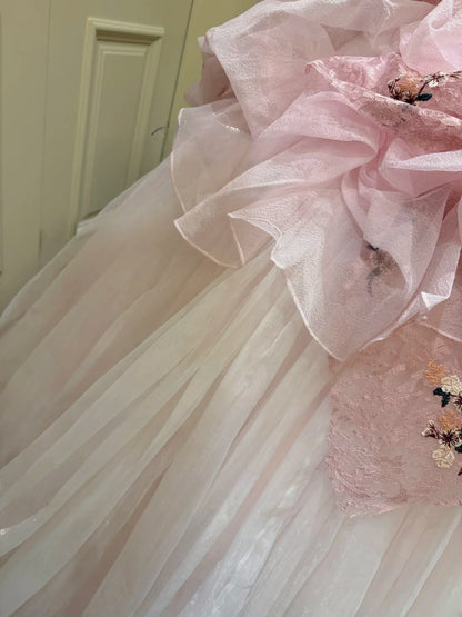 Elegant Ball Gown Light Pink Strapless Pleated Tulle Evening Dress Quinceanera Dress 18th Birthday Prom Gown       D5328