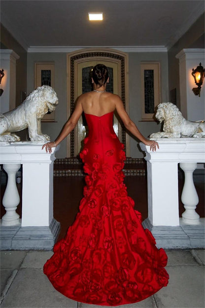 Stunning Red Satin Sleeveless Strapless Long Mermaid Prom Dress with Flower