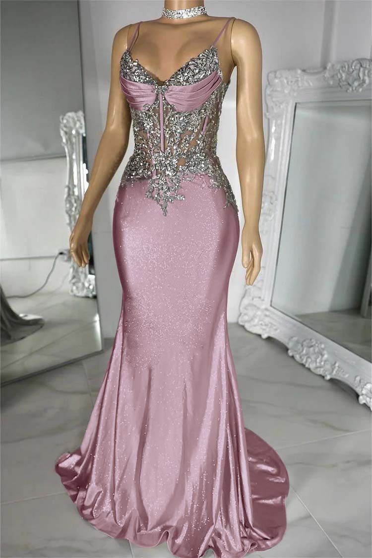 Spaghetti Strap Sleeveless V-Neck Mermaid Long Prom Dress With Sequins