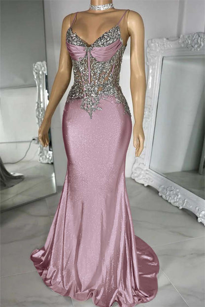 Spaghetti Strap Sleeveless V-Neck Mermaid Long Prom Dress With Sequins