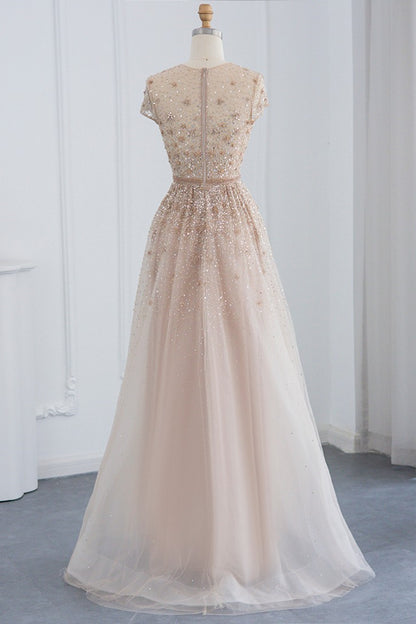 Glamorous Jewel Neck A Line Evening Dress Tulle With Appliques Sequins