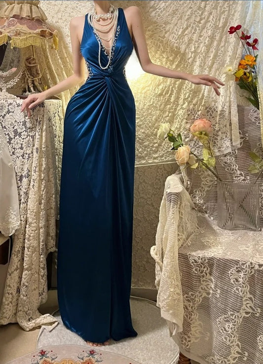 Beauty Prom Dress Navy Blue V-neck Gala Dress Evening Dress 18th Graduation Gown      D5340