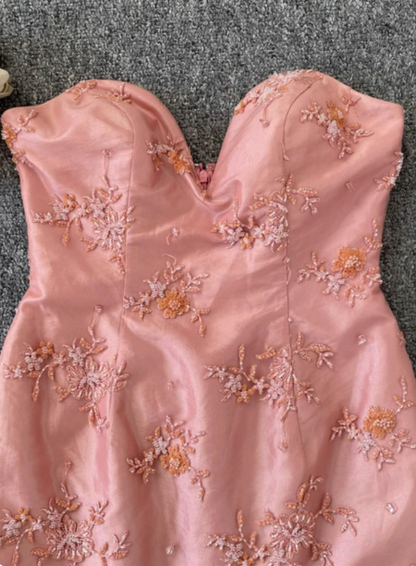 Gorgeous Princess Pink Mermaid Sweetheart Neck Embroidered Floral Satin Tulle Long Prom Dress Evening Dress P4535
