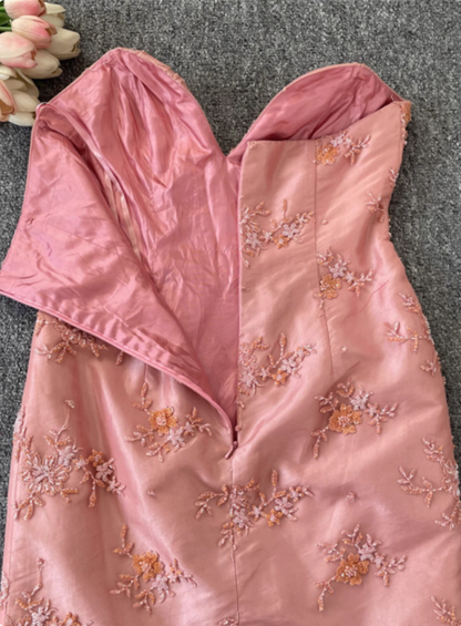 Gorgeous Princess Pink Mermaid Sweetheart Neck Embroidered Floral Satin Tulle Long Prom Dress Evening Dress P4535