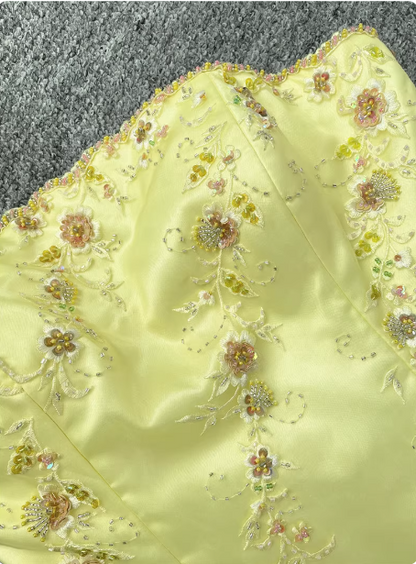 Sweet Princess Yellow A-line Strapless Beaded Embroidered Tulle Long Prom Dress Evening Dress P4537