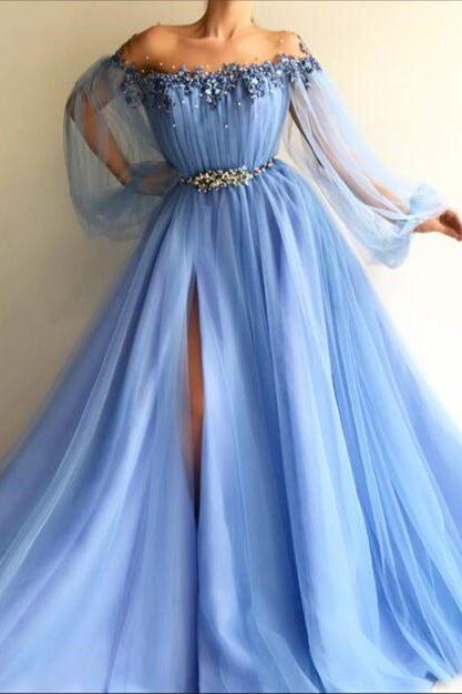Chic Off-the-Shoulder Long Sleeves Elegant Evening Dresses With Beads