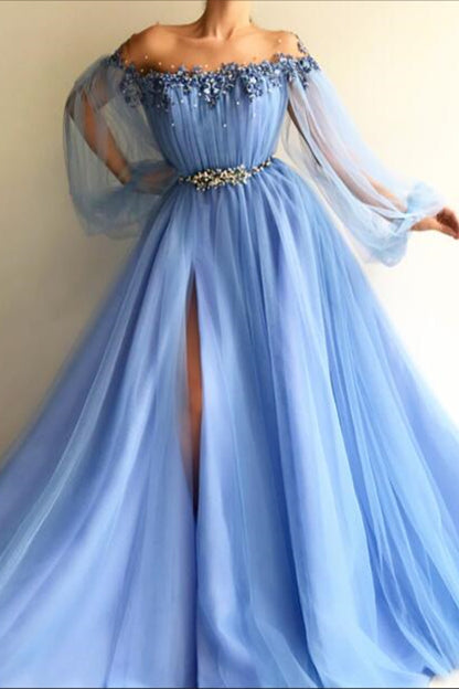 Chic Off-the-Shoulder Long Sleeves Elegant Evening Dresses With Beads