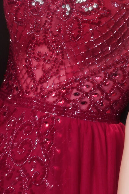 Burgundy Mermaid Evening Dress Tulle Overskirt With Short Sleeves Beadings Online