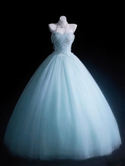 Chic Ball Gown Light Blue Off Shoulder Pleated Tulle Evening Dress Quniceanera Dress Birthday Prom Gown       D5396