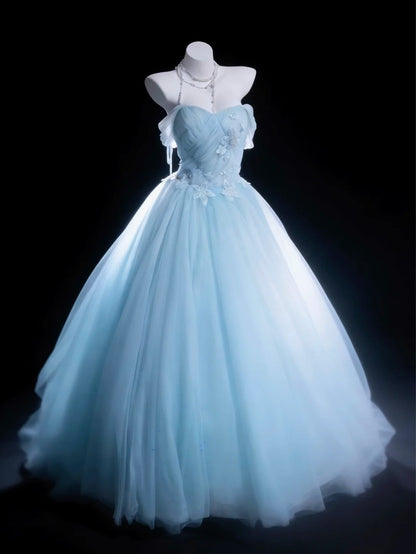 Chic Ball Gown Light Blue Off Shoulder Pleated Tulle Evening Dress Quniceanera Dress Birthday Prom Gown       D5396