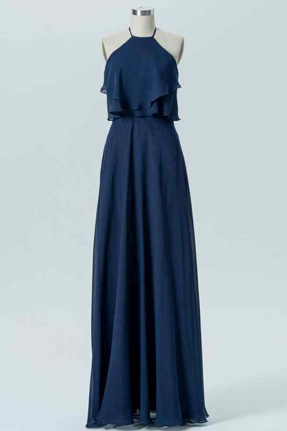 Dark Navy A-line Bow Tie Back Chiffon Crepe Long Bridesmaid Dress