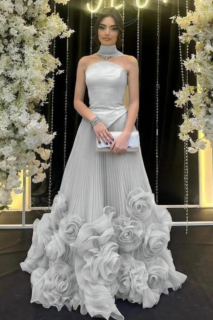 Strapless Sleeveless Long Ruffle Evening Dress With Flower Pleated