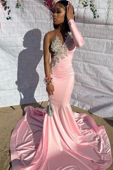 Pink One Sleeves Mermaid Prom Dress Waist-Skimming With Appliques