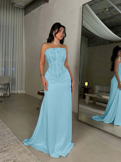 Sleeveless Square Mermaid Strapless Beads Prom Dress