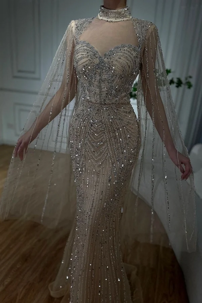 Luxurious High-Neck Sequins Sweetheart Mermaid Tulle Prom Dress
