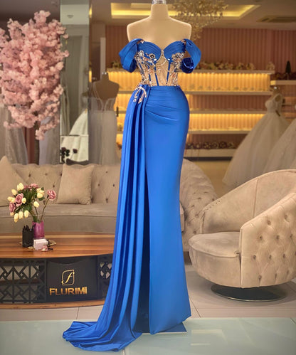 Elegant Off-the-shoulder Royal Blue Beaded Sleeveless Prom Dress with Split