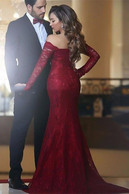 Long Sleeves Mermaid Evening Burgundy Dress