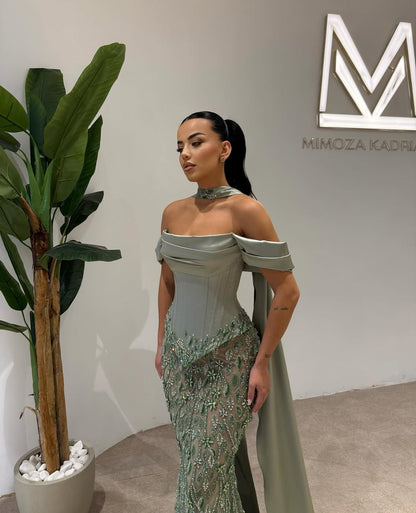 Off Shoulder Beads Mermaid Square Prom Dress With Scarf