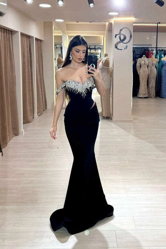 Black Sleeveless Strapless Off-Shoulders Mermaid Prom Dress With Beads
