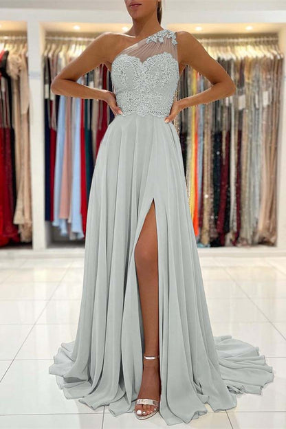 Glamorous One Shoulder Lace Appliques Prom Dress Front Slit