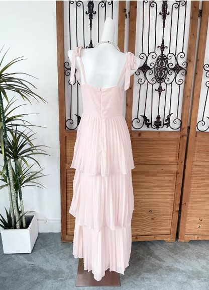 Sweet Pink Multi-layered Tiered Bow Strap Chiffon Long Prom Dress Evening Dress P4544
