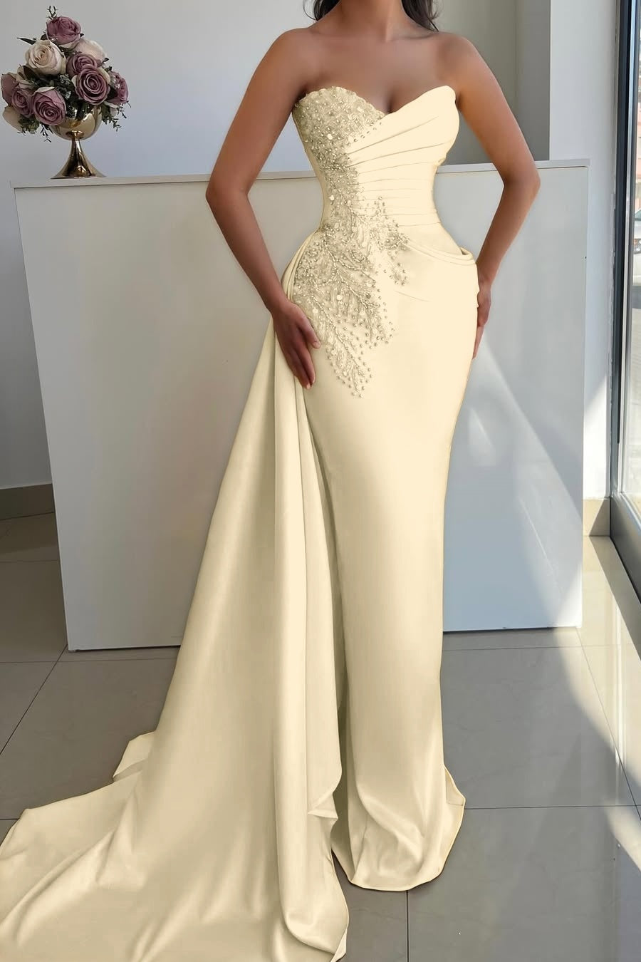 Sleeveless Strapless V Neck Mermaid Beaded Prom Dress With Tail