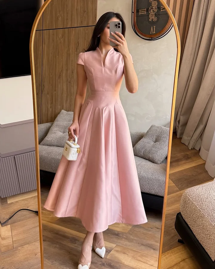 Elegant Pink Short Sleeves A-Line Pleated Satin Ankle Length Evening Dress