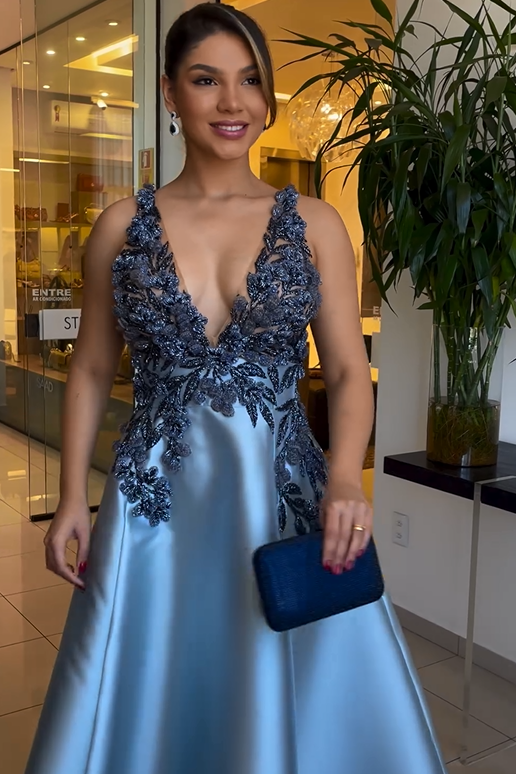 Exquisite Dusty Blue Satin Sleeveless Spaghetti Strap Prom Dress with Beadings