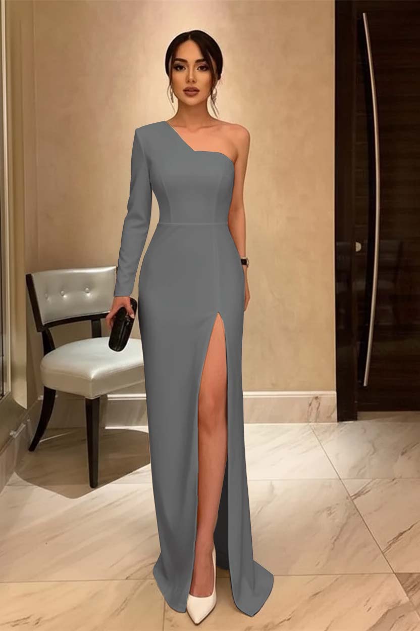 One Shoulder Black Long Sleeve Prom Dress