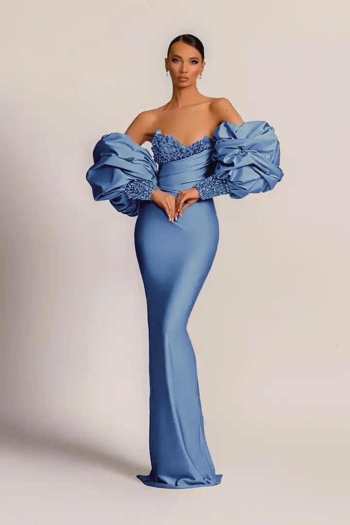 Purple Mermaid Prom Dress With Appliques Puff Sleeves