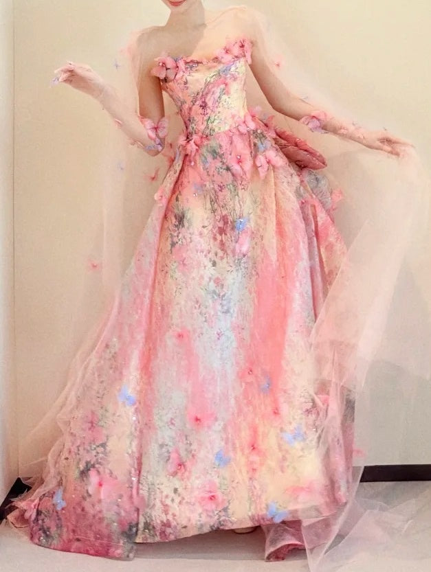 Colorful Prom Dress A Line Strapless Flower Print Gala Dress Evening Dress       D5474