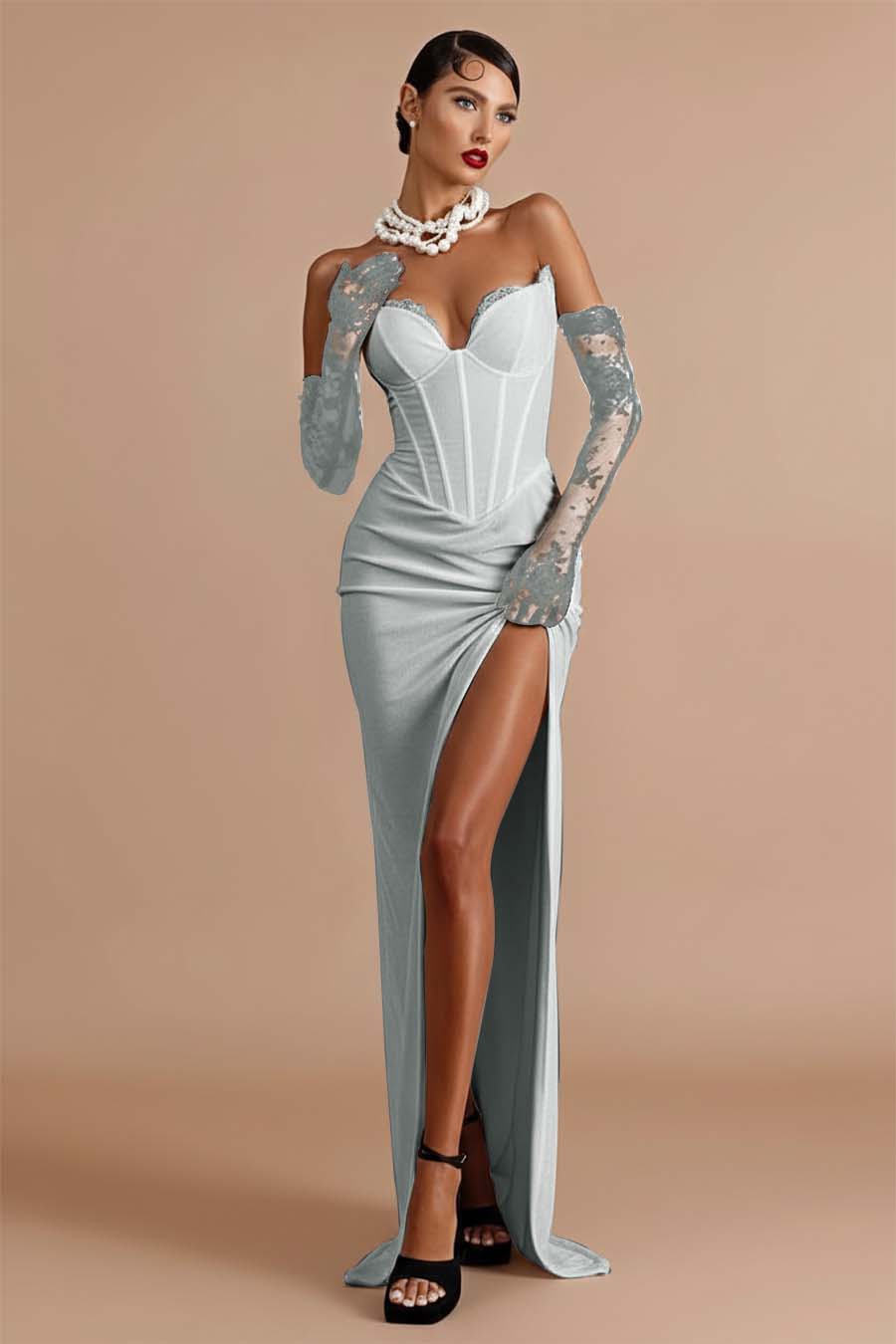 Stunning Black Velvet Strapless V Neck Long Split Prom Dress with Lace Gloves