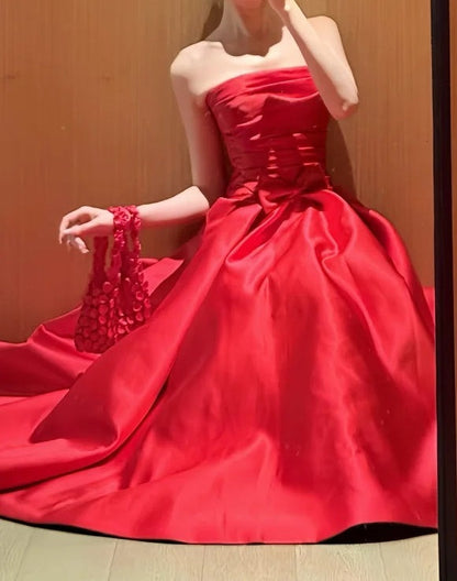 Charming Prom Dress Satin A Line Strapless Pleated Gala Dress Evening Dress       D5479