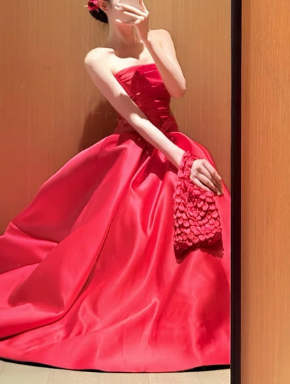 Charming Prom Dress Satin A Line Strapless Pleated Gala Dress Evening Dress       D5479