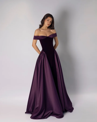 Classic Dark Purple Off-The-Shoulder Pleated A-Line Evening Dress