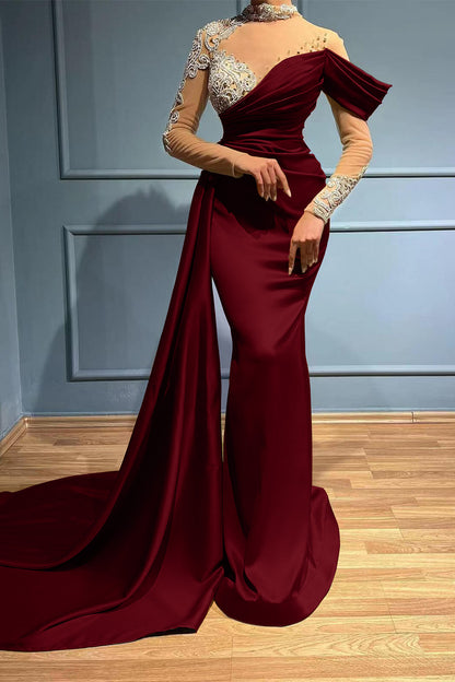 High Neck Long Sleeves Appliques Evening Dress Long With Ruffles Mermaid