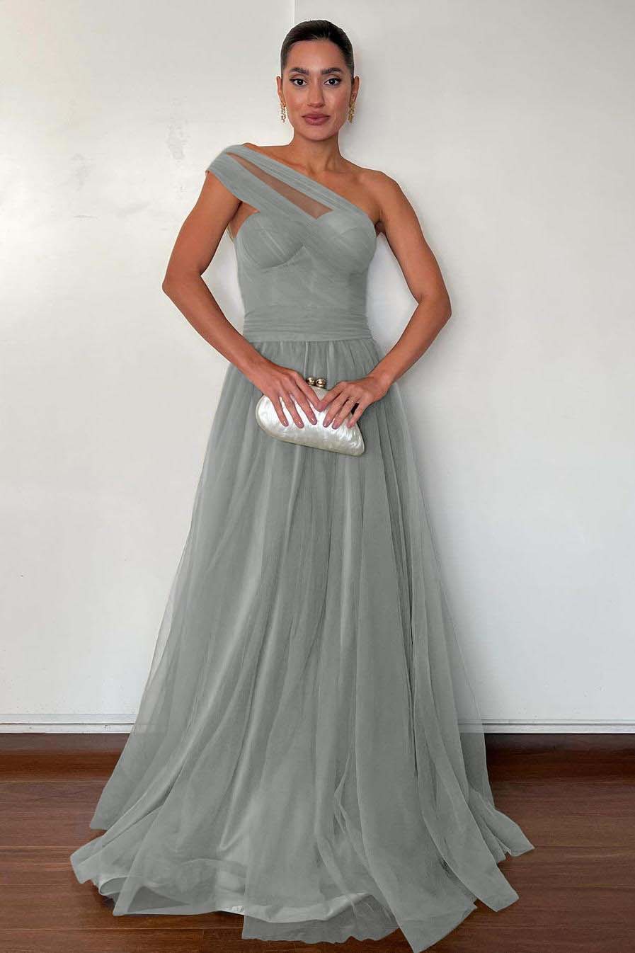 Stunning Green Tulle One Shoulder Sleeveless Long Prom Dress with Pleated