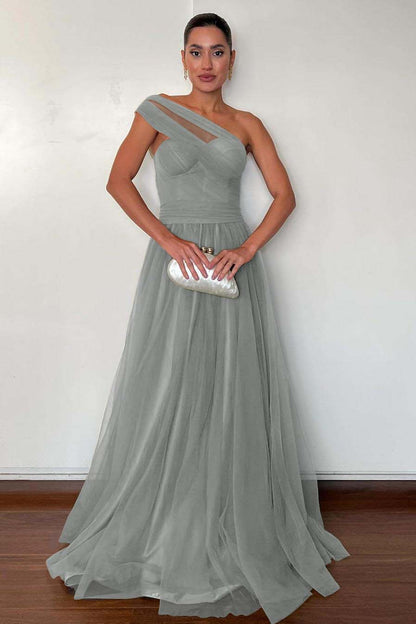Stunning Green Tulle One Shoulder Sleeveless Long Prom Dress with Pleated