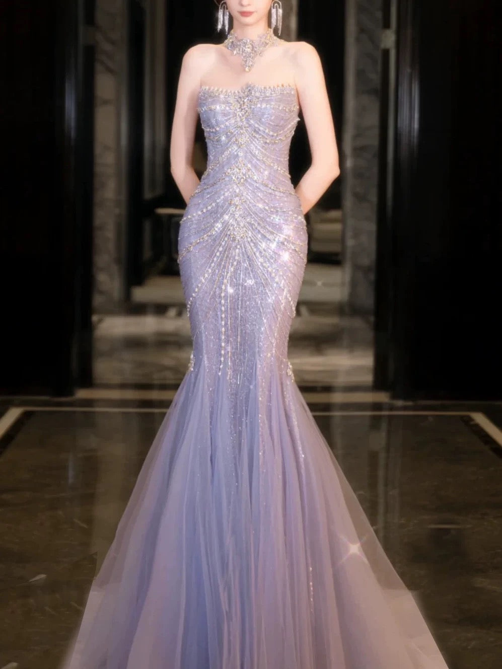 Pretty Mermaid Off The Shoulder Blue Tulle Silver Beads Long Prom Dresses Formal Evening Dress SD1498