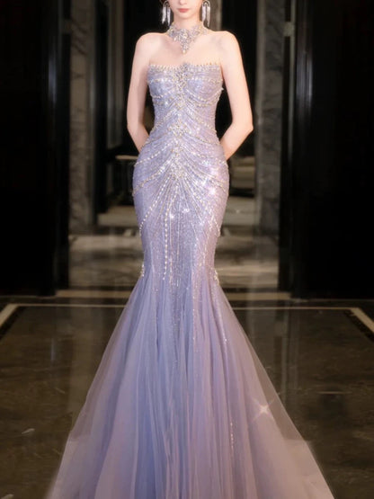 Pretty Mermaid Off The Shoulder Blue Tulle Silver Beads Long Prom Dresses Formal Evening Dress SD1399