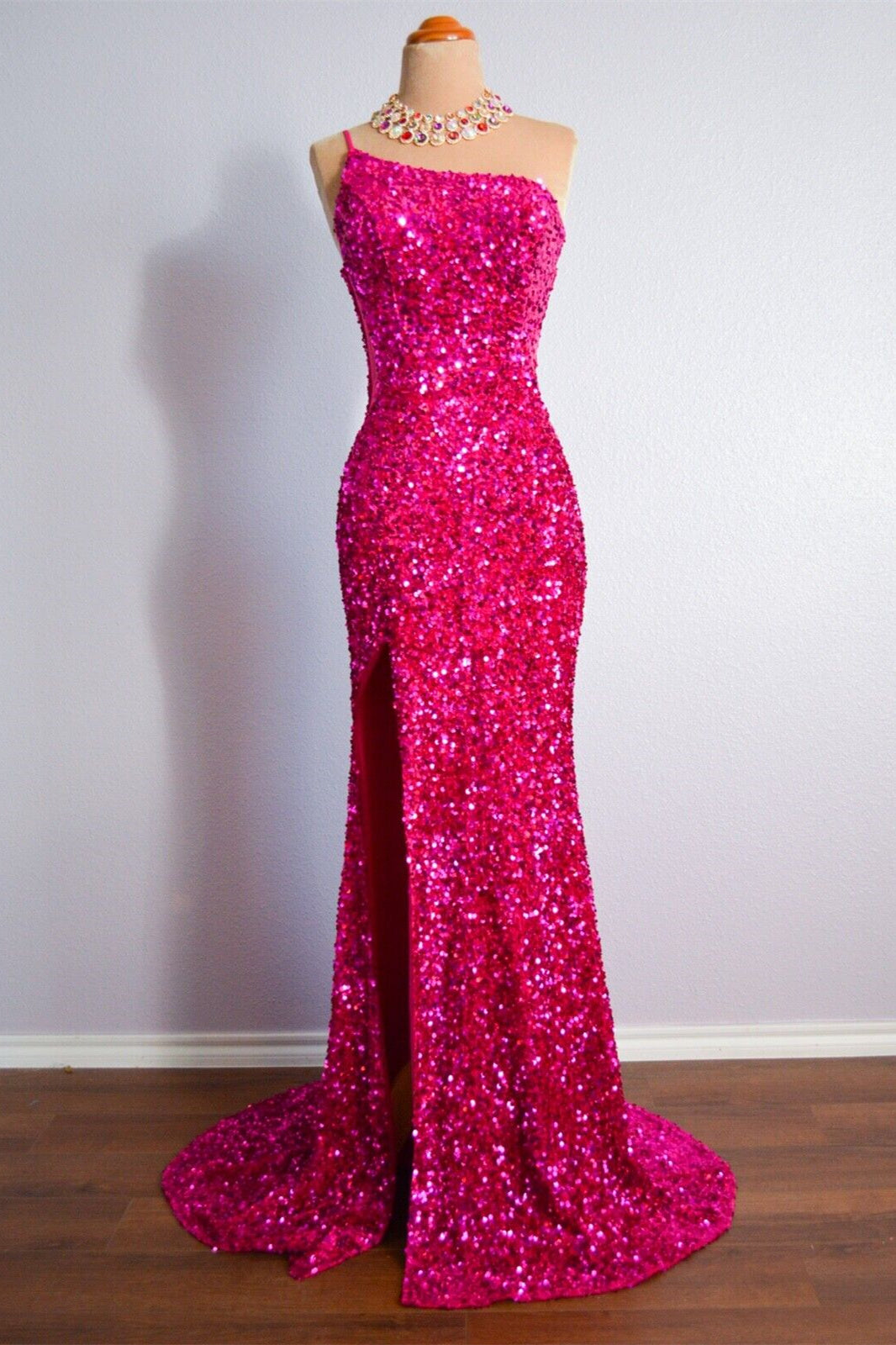 One Shoulder Sleeveless Mermaid Sequin Prom Party Dress