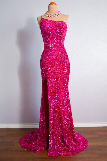 One Shoulder Sleeveless Mermaid Sequin Prom Party Dress