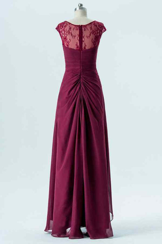 Mulberry V Neck Cap Sleeves A-line Pleated Chiffon Long Bridesmaid Dress