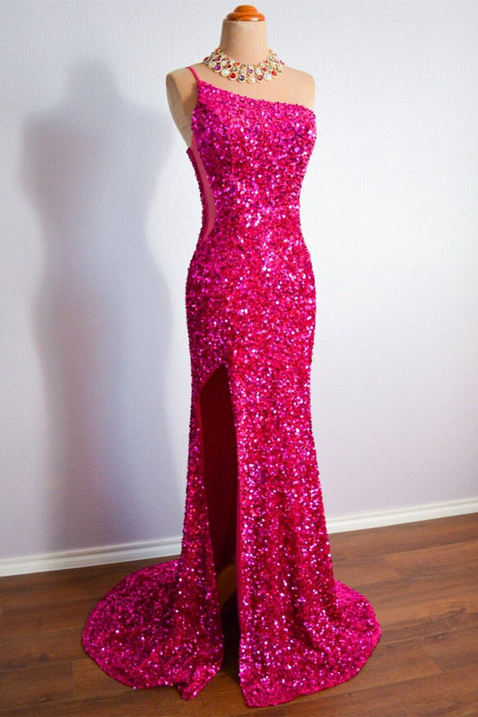 One Shoulder Sleeveless Mermaid Sequin Prom Party Dress