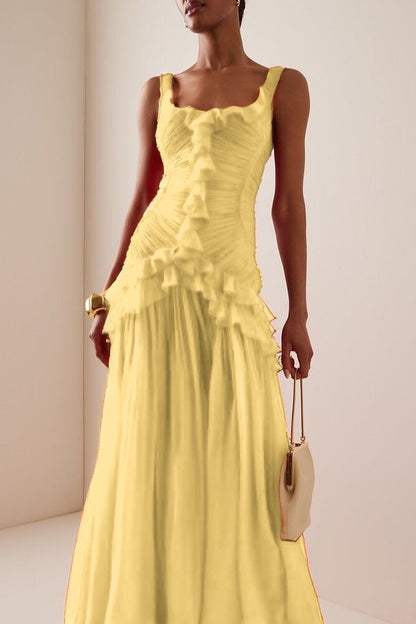 Elegant Ruffled Red Sleeveless Square Long Prom Dress With Pleated